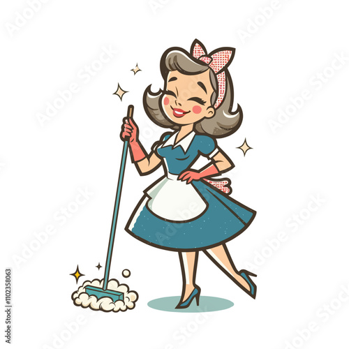Smiling retro housewife mopping floor, vintage maid illustration, cheerful cartoon character in apron and gloves, home cleaning concept. Isolated vector illustration 