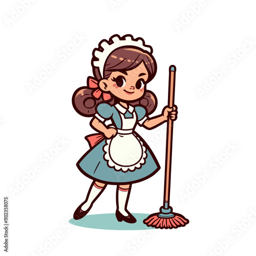 Retro maid with mop, vintage housekeeper isolated illustration, classic cleaning lady in uniform and apron, cheerful cartoon character for household and cleaning themes