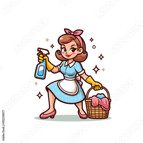 Retro cleaning lady with spray bottle and laundry basket, vintage housewife isolated illustration, sparkling clean concept, cheerful cartoon maid in gloves and apron
