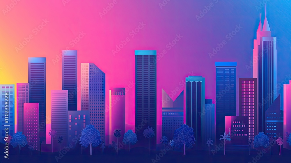 Vibrant City Skyline at Sunset with Colorful Gradients and Silhouetted Palm Trees, Evoking a Modern Urban Atmosphere and Peaceful Evening Ambiance Vibrant City Skyline at Sunset with Colorful Gradients and Silhouetted Palm Trees, Evoking a Modern Urban Atmosphere and Peaceful Evening Ambiance