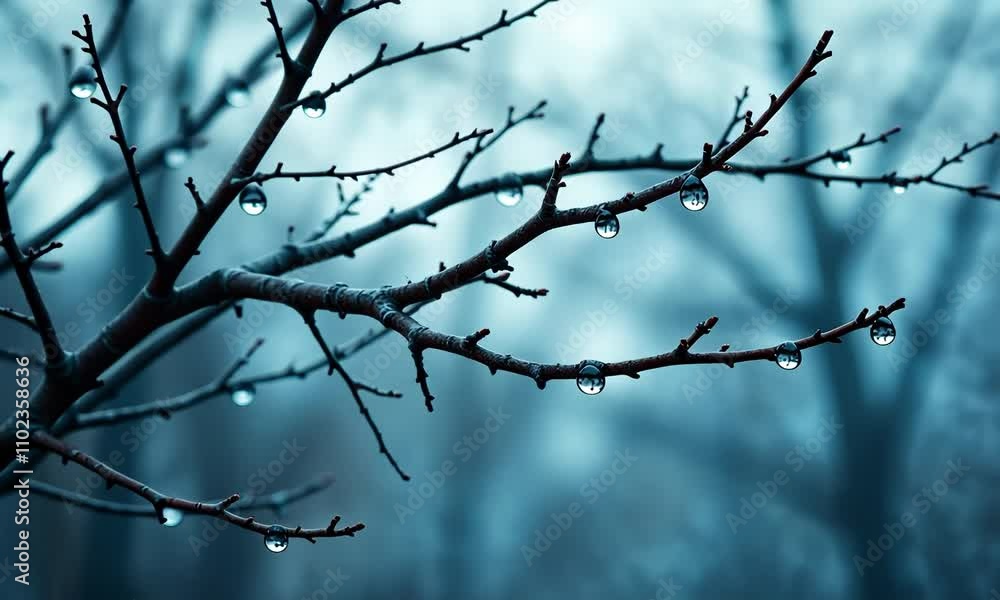 Bare tree branches with water droplets in a misty forest Bare tree branches with water droplets in a misty forest
