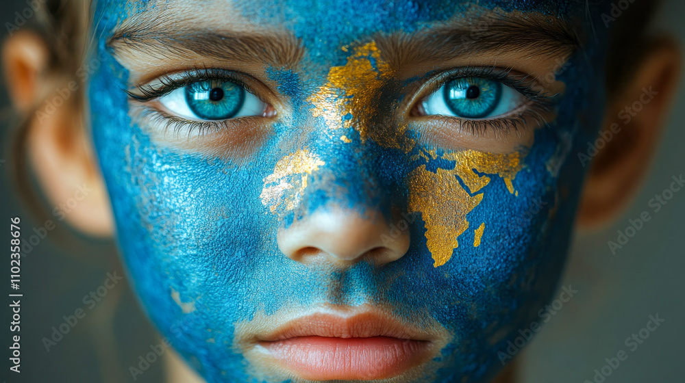 A child face painted with a vivid blue world map, highlighting continents in gold, with piercing blue eyes A child face painted with a vivid blue world map, highlighting continents in gold, with piercing blue eyes