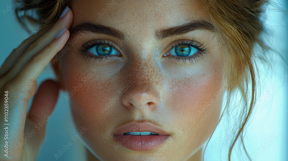 Intense close-up of a woman with piercing blue eyes, framed by hands, expressing deep focus or thought Intense close-up of a woman with piercing blue eyes, framed by hands, expressing deep focus or thought