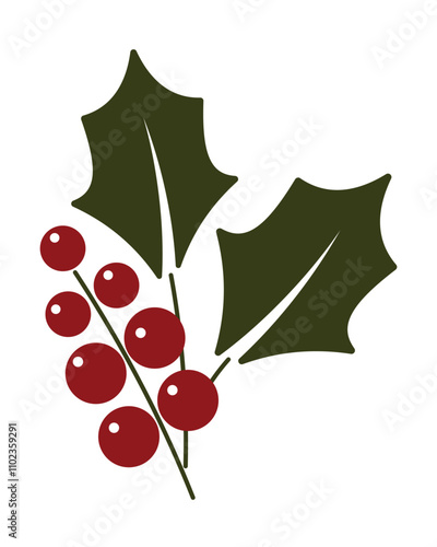 Christmas holly berry. A bunch of berries and two leaves. Christmas symbol. Twig of holly with berries and leaves. New year and winter, Christmas holidays and gifts.