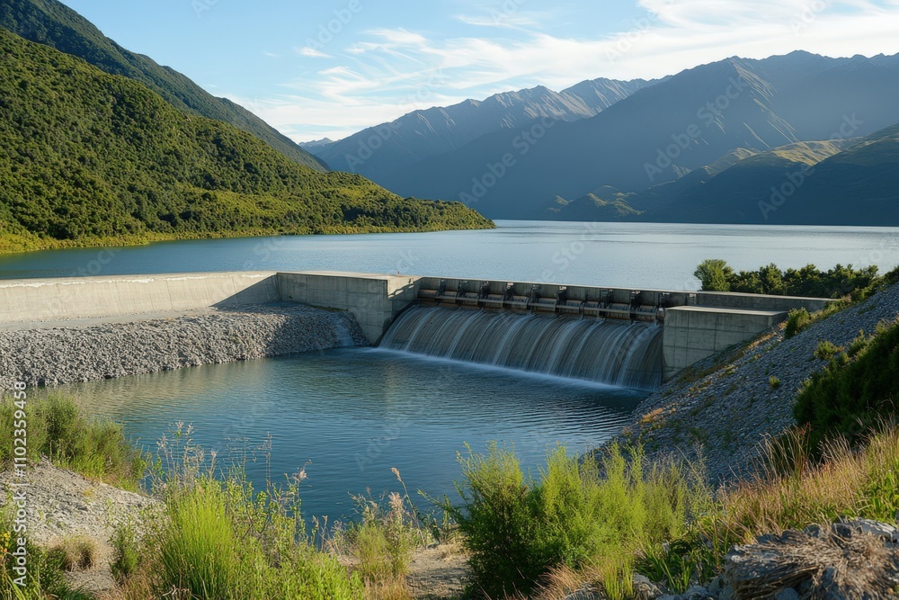 Spillway Water Flow at Hydro Dam: Concrete Structure in South Island, New Zealand Spillway Water Flow at Hydro Dam: Concrete Structure in South Island, New Zealand