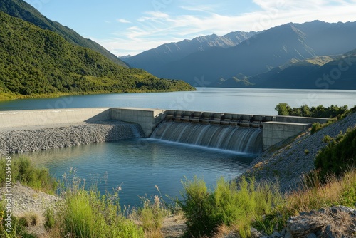 Spillway Water Flow at Hydro Dam: Concrete Structure in South Island, New Zealand