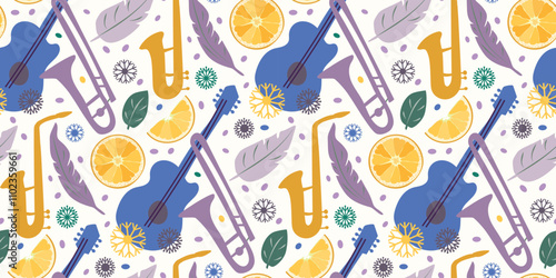 Pattern with music instruments and leaves