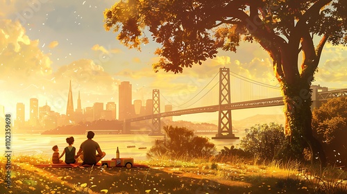 A family enjoying a picnic with a bridge city skyline in the background