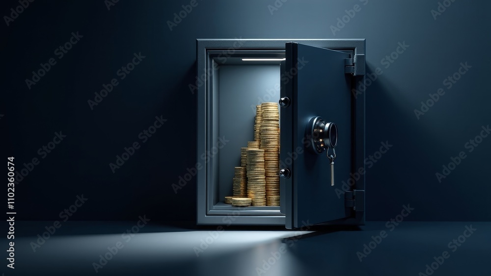 Open safe showing stacks of digital currency with keypad under spotlight in a dark room Open safe showing stacks of digital currency with keypad under spotlight in a dark room