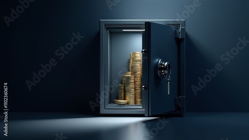 Open safe showing stacks of digital currency with keypad under spotlight in a dark room