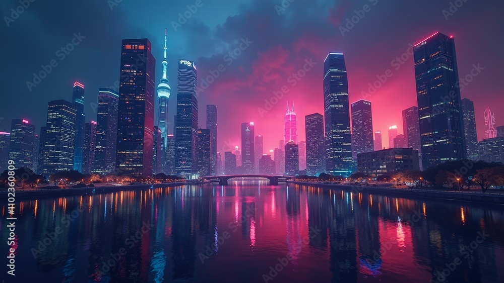 Fototapeta premium Futuristic city skyline with skyscrapers illuminated by vibrant spectrum lights and security holograms reflecting in the water