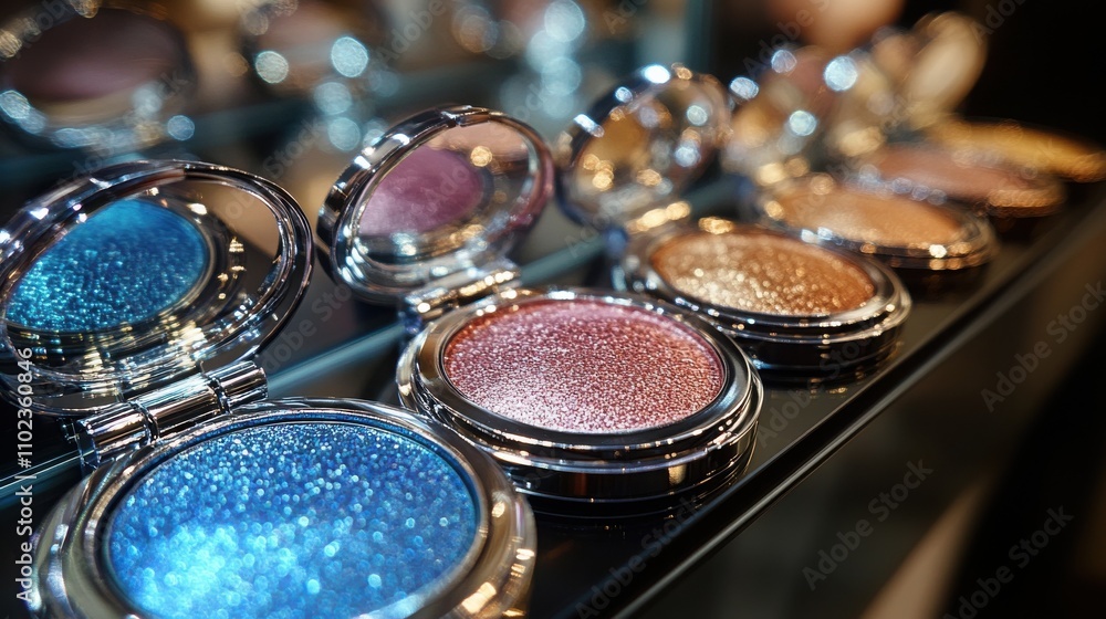 Close-up of shimmering, metallic eyeshadow palettes in various shades of pink, gold, and blue. The luxurious packaging enhances the overall glamorous aesthetic. Close-up of shimmering, metallic eyeshadow palettes in various shades of pink, gold, and blue. The luxurious packaging enhances the overall glamorous aesthetic.