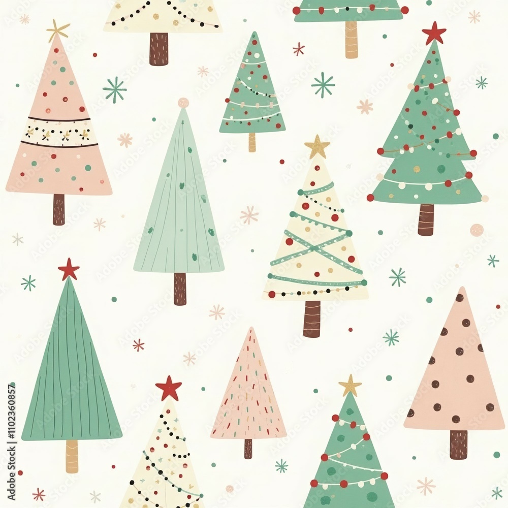 cute seamless pattern of Christmas trees in pastel green mint pink cream colors, baubles stars garlands decoration, light background, simple minimalist style. wrapping paper, napkins design concept. cute seamless pattern of Christmas trees in pastel green mint pink cream colors, baubles stars garlands decoration, light background, simple minimalist style. wrapping paper, napkins design concept.
