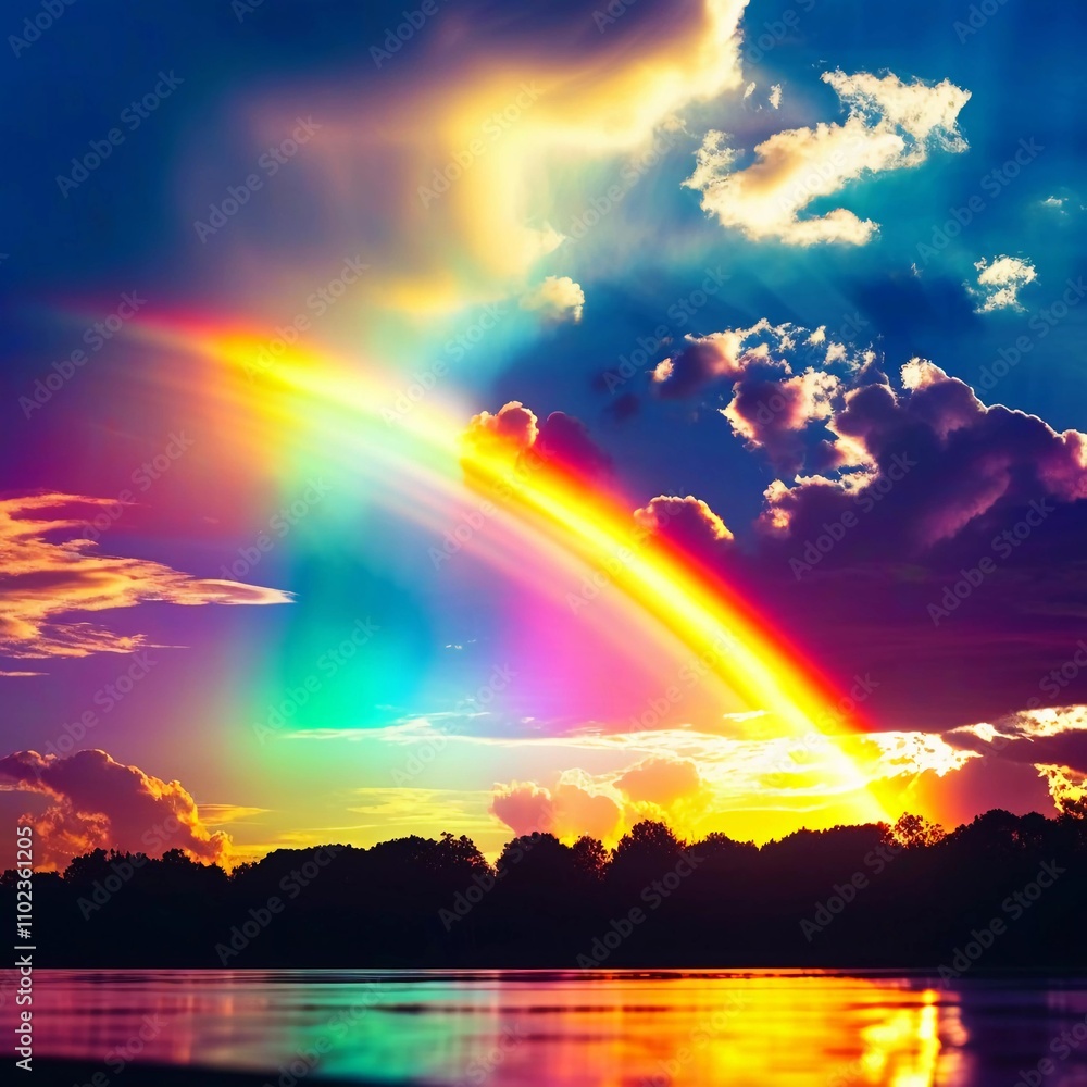 A vibrant rainbow arches gracefully over a tranquil landscape in the early morning light. Soft hues of blue, pink, and yellow blend seamlessly against the sky following a gentle rain. Generative AI