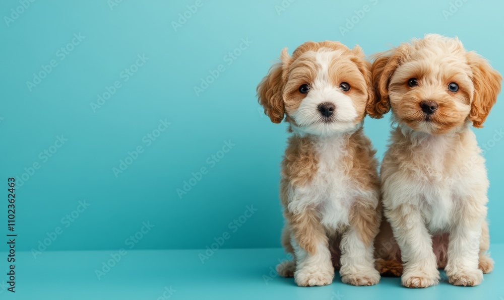 Two cute maltipoo puppy dog on light blue background with copyspace Two cute maltipoo puppy dog on light blue background with copyspace
