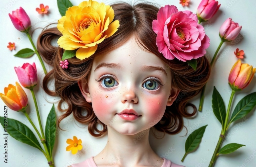 Abstract portrait of a young girl with flowers in her hair, on her face Abstract portrait of a young girl with flowers in her hair, on her face