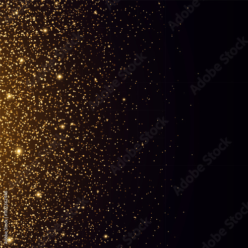 Shining dust, bokeh effect. Magic falling golden lights and stars. Golden glittering background. 