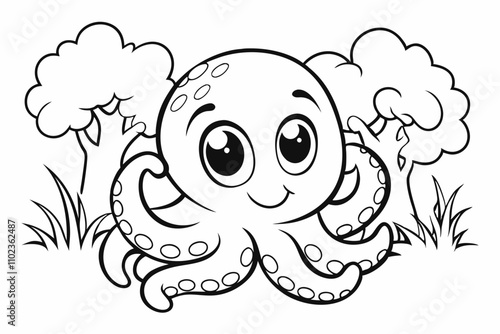 cute Octopus, some grass and a tree, coloring book