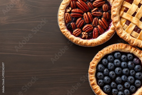 national pie day celebration, assorted cherry, pecan, and blueberry pies on a rustic wooden kitchen counter, perfect for celebrating national pie day