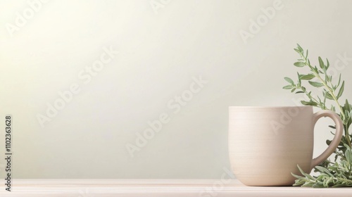 Minimalist Ceramic Mug with Greenery on Neutral Background