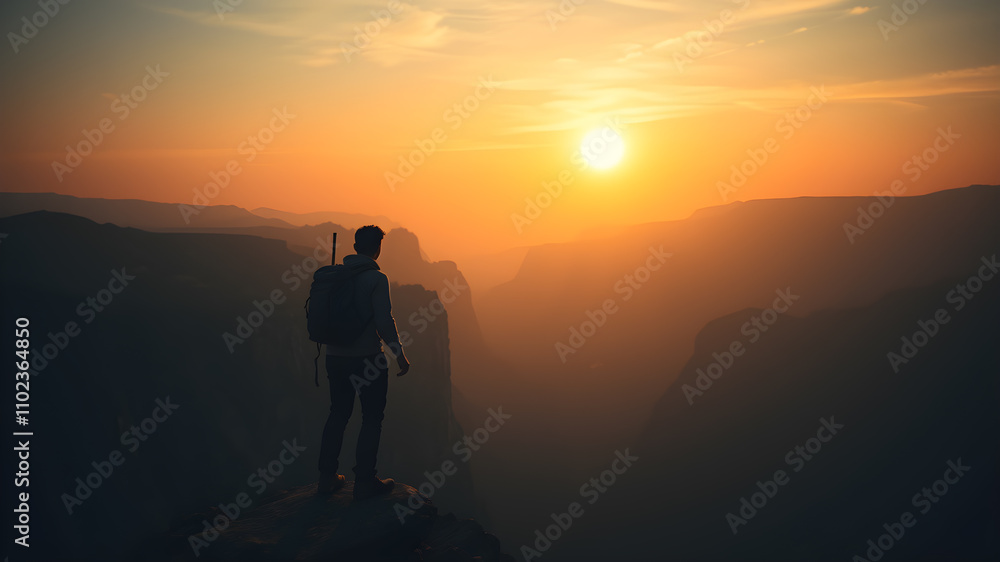 Far silhouette of exploration of an adventurous traveler on the blink of the cliff. AI generated image, ai Far silhouette of exploration of an adventurous traveler on the blink of the cliff. AI generated image, ai