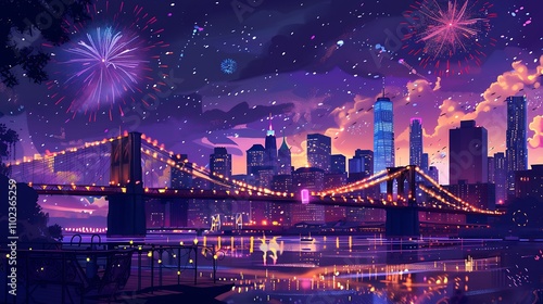 A festive fireworks display over the skyline of the bridge city
