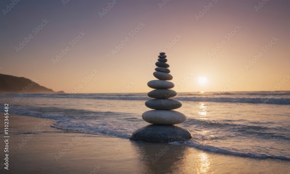 Obraz premium A stack of smooth stones balanced on a sandy beach with ocean waves in the background during sunset, symbolizing balance and tranquility