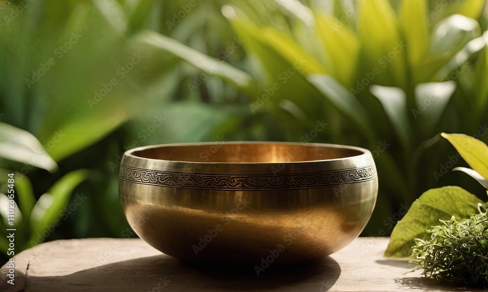 A brass singing bowl placed on a wooden surface, surrounded by lush green plants, creating a serene and natural atmosphere for meditation and relaxation A brass singing bowl placed on a wooden surface, surrounded by lush green plants, creating a serene and natural atmosphere for meditation and relaxation