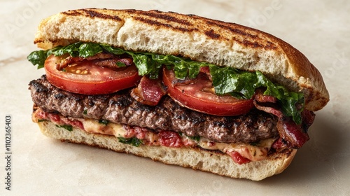 A delicious hamburger with bacon, lettuce, and tomato.