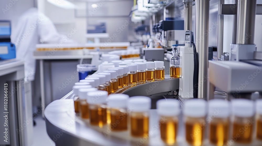 A sterile laboratory setting with a conveyor belt carrying bottles of amber liquid, emphasizing pharmaceutical manufacturing and quality control processes. A sterile laboratory setting with a conveyor belt carrying bottles of amber liquid, emphasizing pharmaceutical manufacturing and quality control processes.