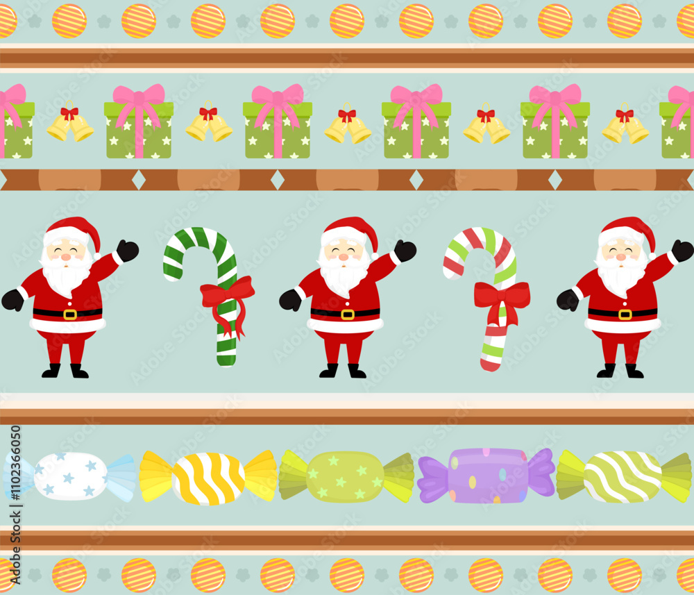 Fototapeta premium Santa Claus, Candy Canes, Gifts, and Colorful Christmas Candies on a Festive Light Green Background