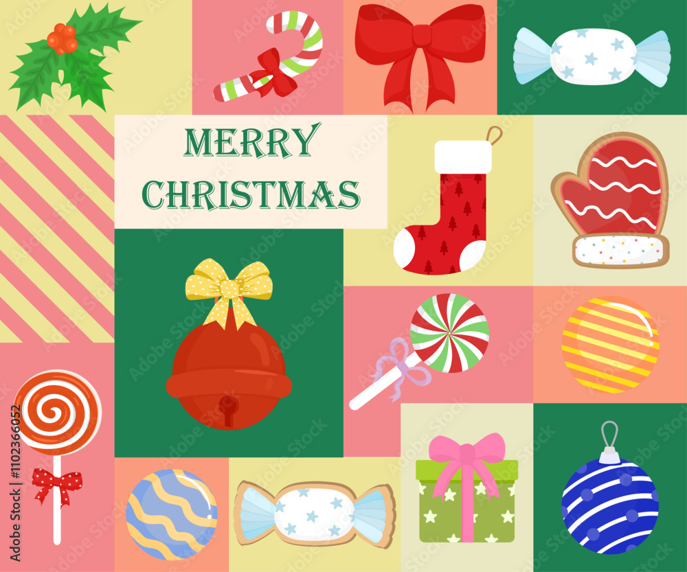 Naklejka premium Merry Christmas Collage with Festive Decorations, Gifts, and Sweet Treats on a Colorful Patchwork Background 