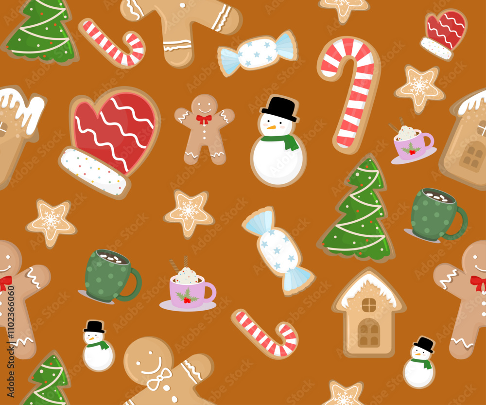 Festive Gingerbread and Holiday Treats Pattern with Snowmen and Candy Canes on a Warm Brown Background Festive Gingerbread and Holiday Treats Pattern with Snowmen and Candy Canes on a Warm Brown Background