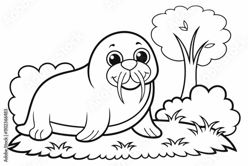 cute Walrus, add some grass and a tree, coloring book