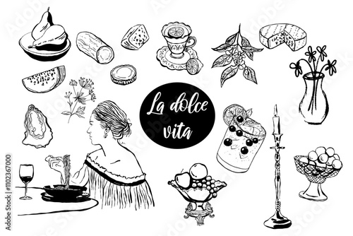 Dolce vita food,  wine, cocktails, dessert, seafood, cheese.  Hand drawn vector isolated set.