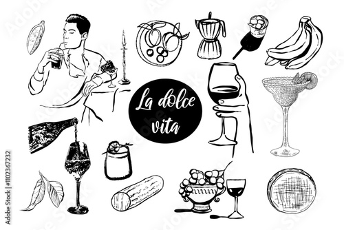 Dolce vita food,  wine, cocktails, dessert, seafood, cheese.  Hand drawn vector isolated set.