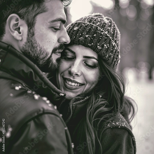 Winter proposal in the snow: Close-up portrait of a couple in winter coats embracing and smiling in a snowy park, sharing a tender moment together, black and white photo of love and joy
