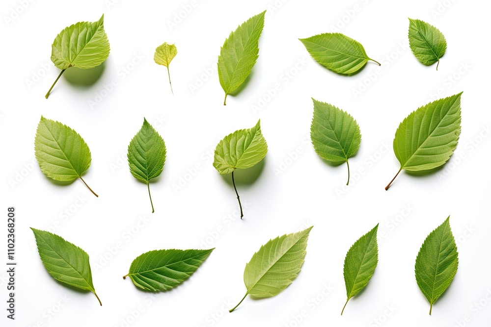 Cherry leaves isolated and viewed from the top arranged on a white surface with a full depth of field Cherry leaves isolated and viewed from the top arranged on a white surface with a full depth of field