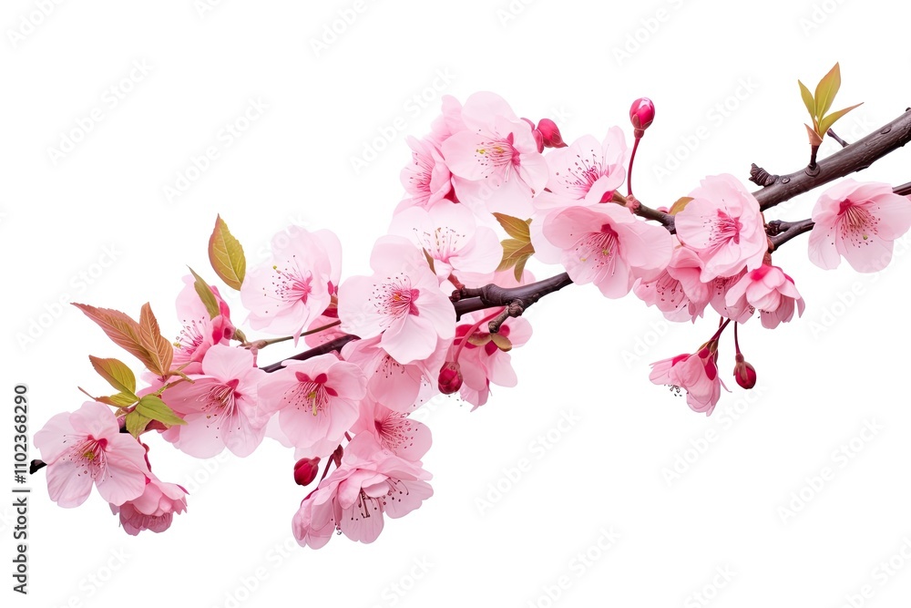 Cherry tree branch adorned with pink flowers isolated on white Cherry tree branch adorned with pink flowers isolated on white