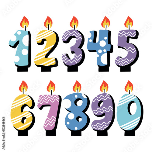 A set of ten colorful, hand-drawn birthday candles in the shape of numbers, perfect for creating fun and festive designs for birthdays, parties, and other celebratory occasions.