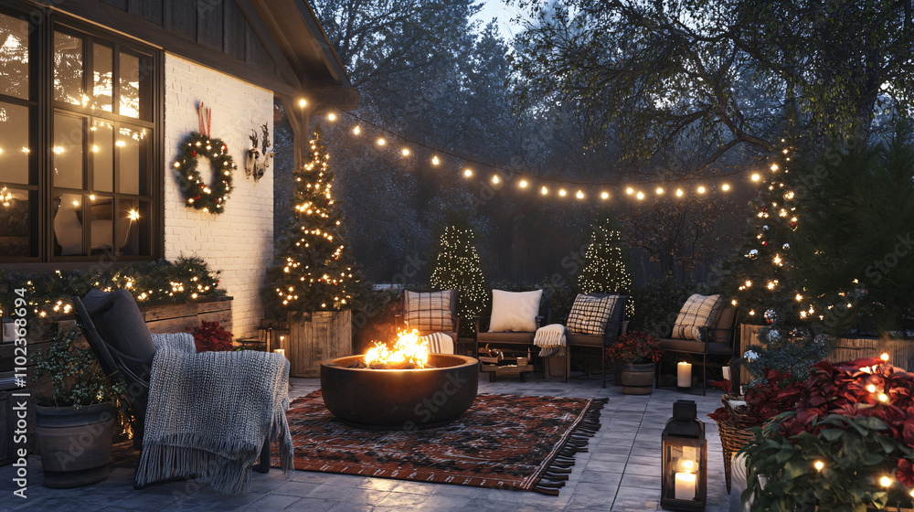 Outdoor Christmas Patio: a cozy, holiday-themed patio with string lights, warm blankets on rustic chairs, a fire pit, lanterns, and winter plants in large pots for a welcoming feel. Outdoor Christmas Patio: a cozy, holiday-themed patio with string lights, warm blankets on rustic chairs, a fire pit, lanterns, and winter plants in large pots for a welcoming feel.