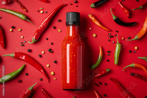 A sleek bottle of hot sauce prominently displayed with various chili peppers around it, against a striking red background, perfect for mockup, put your brand label. photo