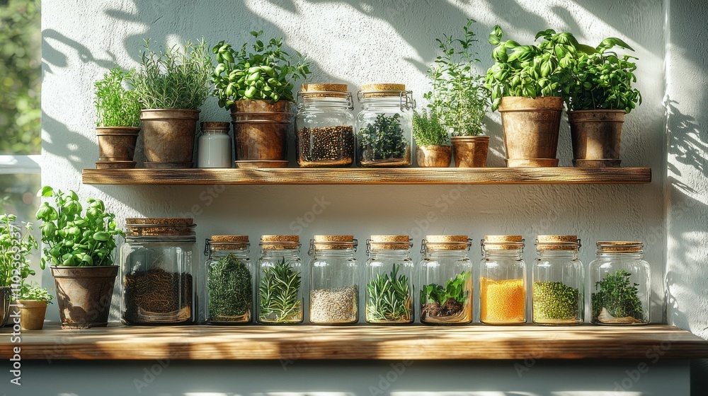 A beautiful display of various herbs and spices in glass jars, showcasing an organized home herb garden. The setting radiates warmth and natural beauty. A beautiful display of various herbs and spices in glass jars, showcasing an organized home herb garden. The setting radiates warmth and natural beauty.