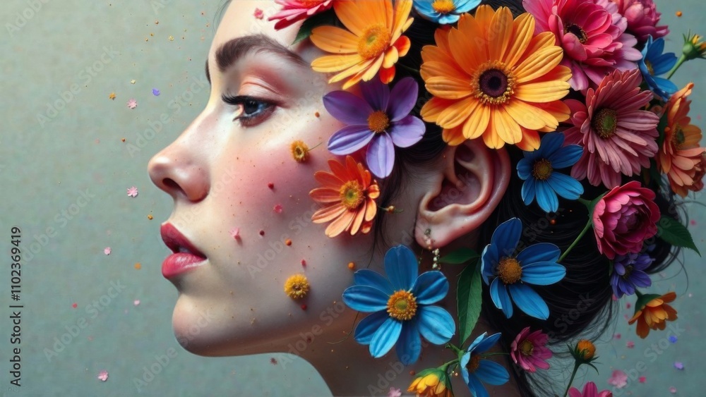 Abstract portrait of a young woman with flowers in her hair, on her face Abstract portrait of a young woman with flowers in her hair, on her face