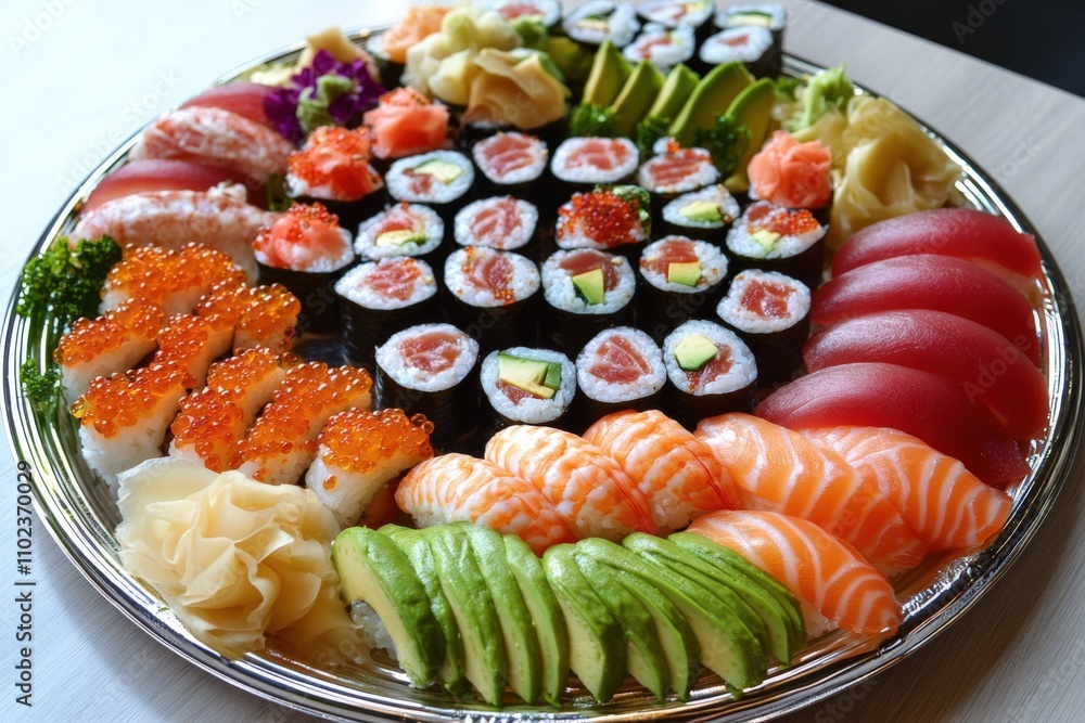 Sushi Platter. Delicious Japanese Food Composition with Fresh Fish and Avocado on White Wooden Table Sushi Platter. Delicious Japanese Food Composition with Fresh Fish and Avocado on White Wooden Table