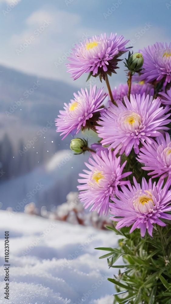 Light purple aster daisies in snowy winter mountain landscape Light purple aster daisies in snowy winter mountain landscape