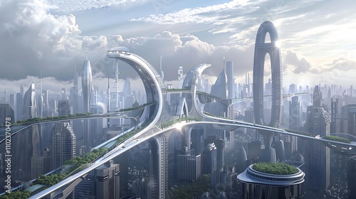 A futuristic skyline with a sleek bridge connecting two major districts