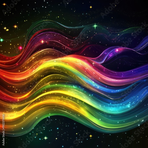 A vibrant, abstract representation of colorful waves against a starry background, evoking a sense of motion and cosmic beauty.