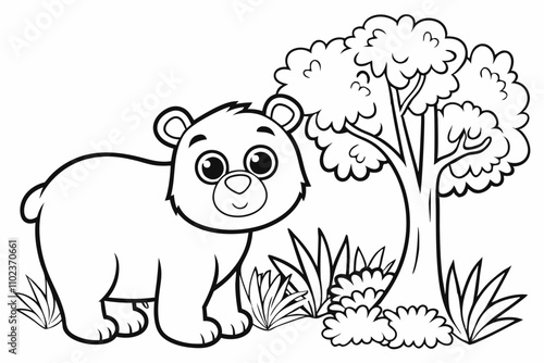 cute Polar Bear, add some grass and a tree, coloring book

