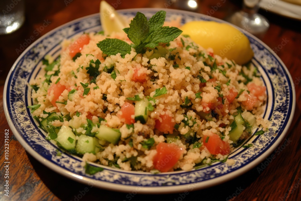 Tabbouleh Salad with Fresh Mint, Tomatoes, and Lemon on a Plate Tabbouleh Salad with Fresh Mint, Tomatoes, and Lemon on a Plate